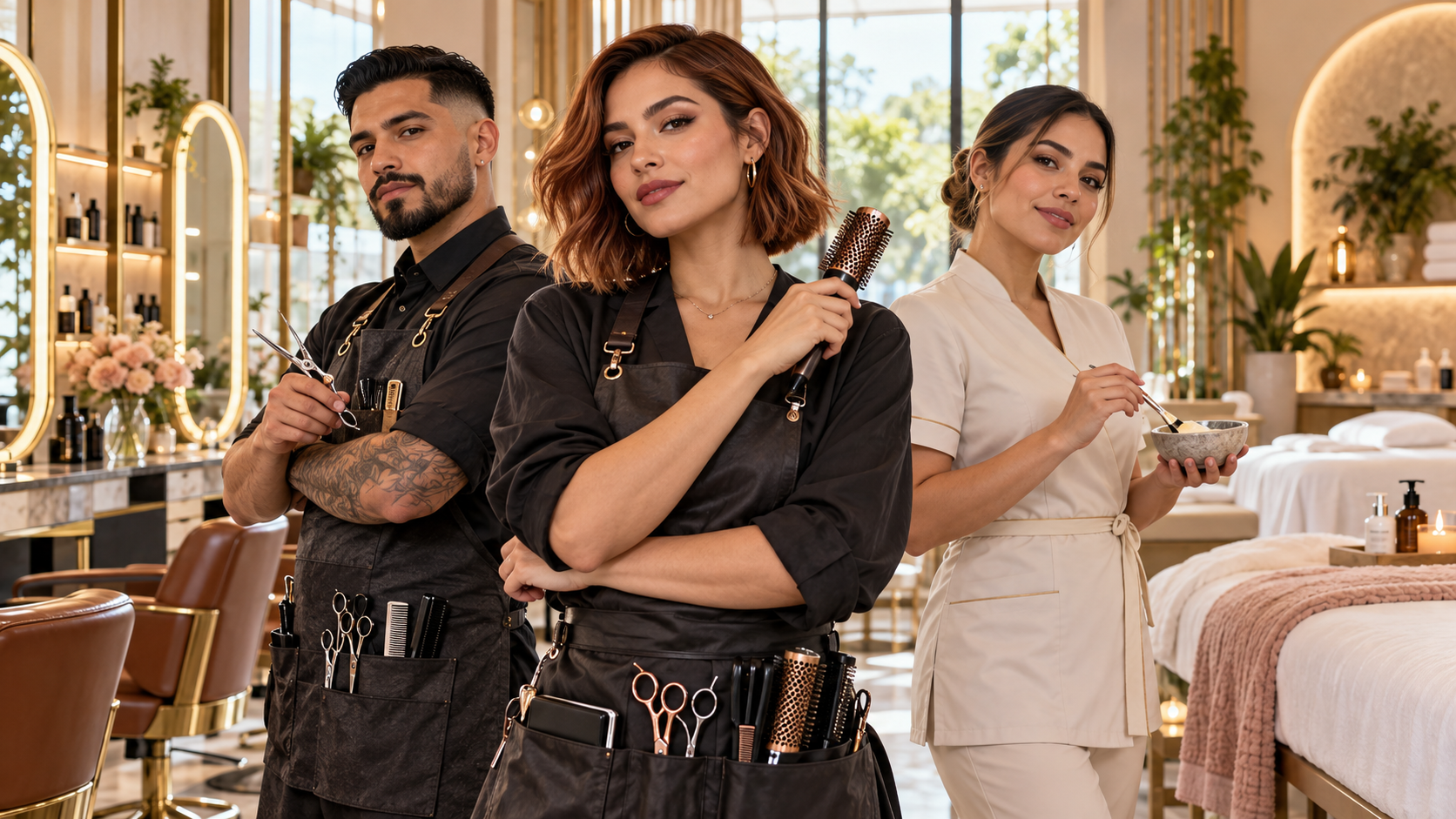 Estilista, barbero y profesional de spa en un salón moderno
